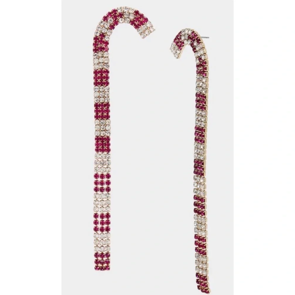 BETSEY JOHNSON Christmas Holiday Crystal-Studded Linear Candy Cane Earrings NWT